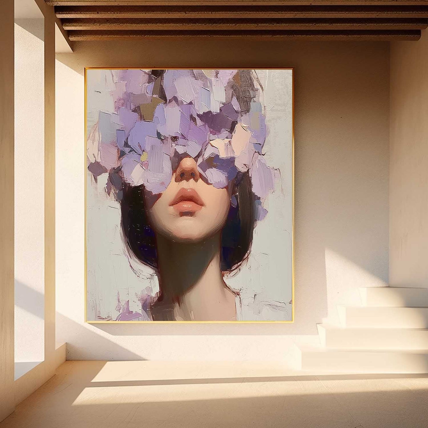 Floral Concealment: Stunning Oil Painting of a Woman Surrounded by Blossoms
