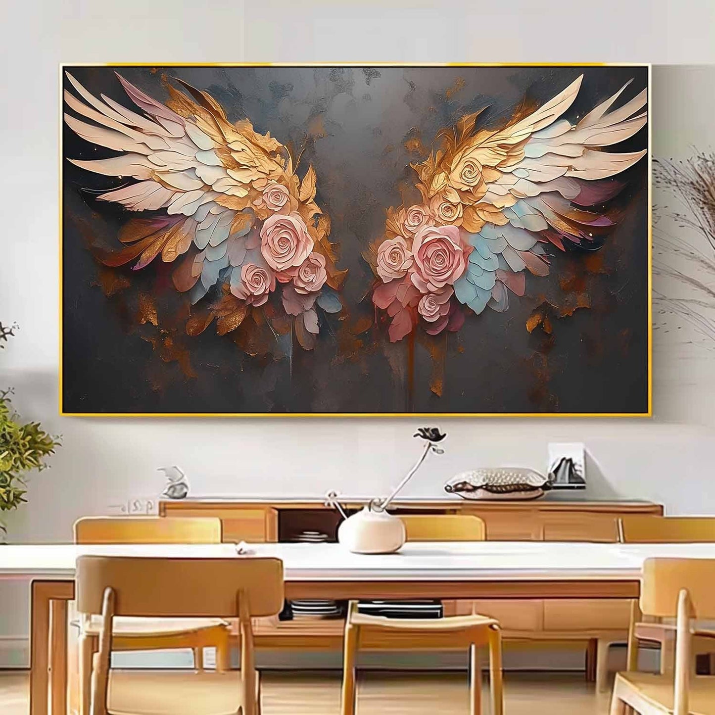 Elegant Floral Wings Oil Painting - Vibrant Pink Roses on Dark Canvas