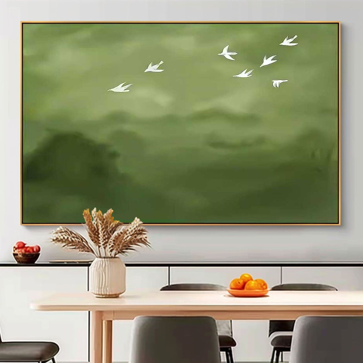 Serene Birds in Flight: Elegant Minimalist Oil Painting for Tranquil Home Decor