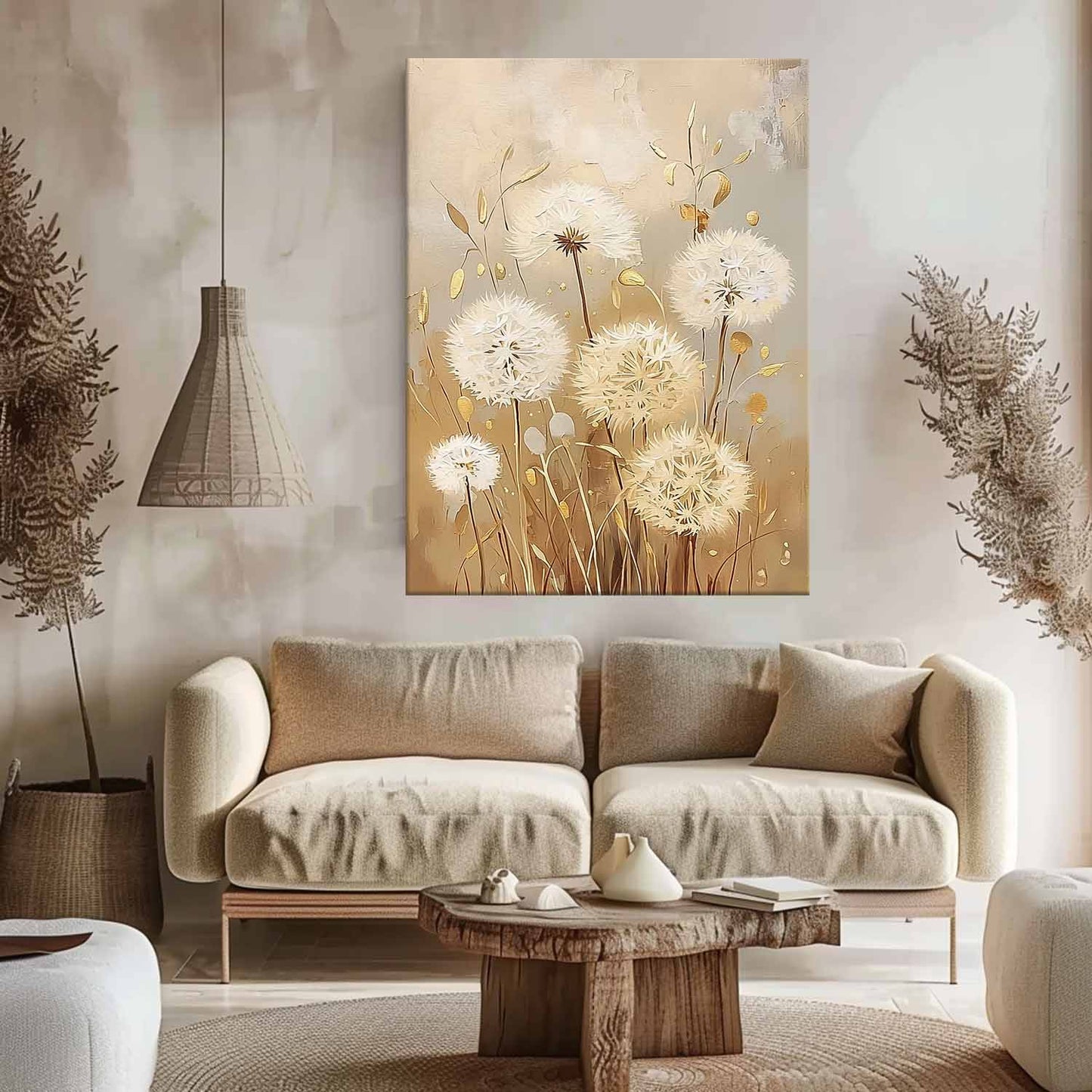 Elegant White Dandelion Flowers Oil Painting for Chic Home Decor