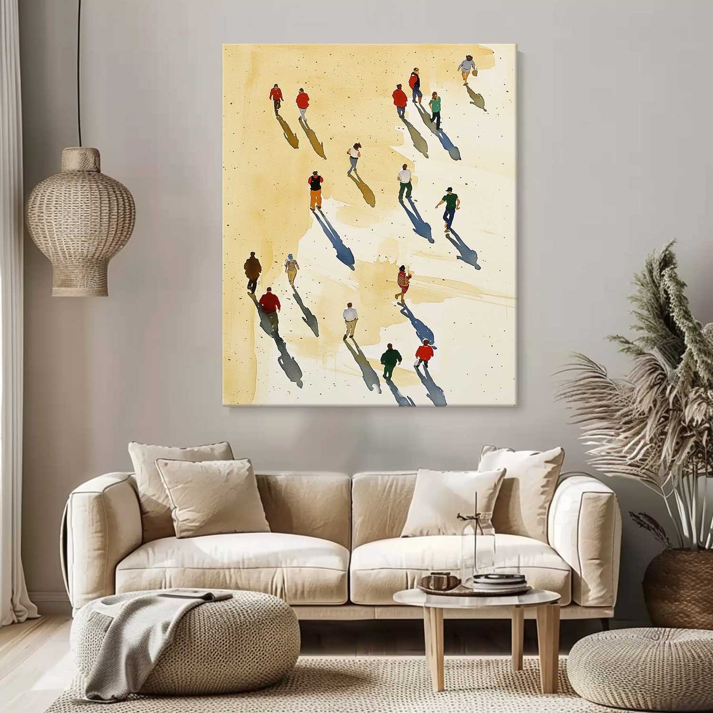 Vibrant Beach Scene Oil Painting with Shadows and People Walking by the Ocean