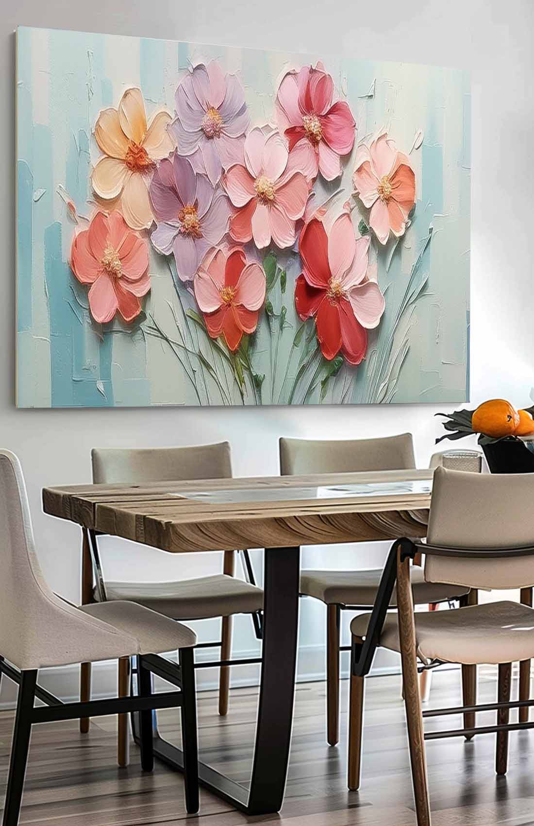 Vibrant Floral Oil Painting with Textured Petals and Soft Pastel Background