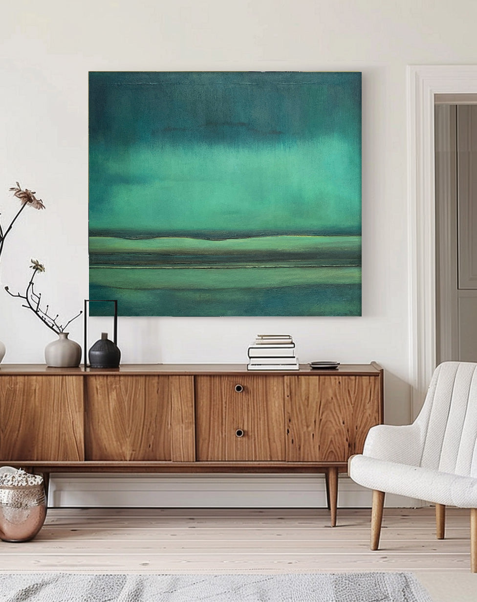 Serene Minimalist Oil Painting with Tranquil Green Tones for Modern Decor