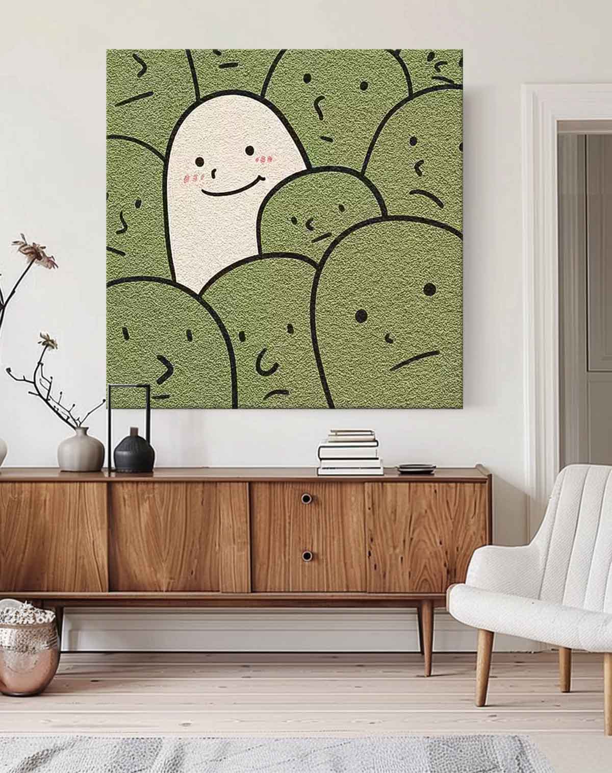 Unique Minimalist Oil Painting of Happy Character in a Crowd