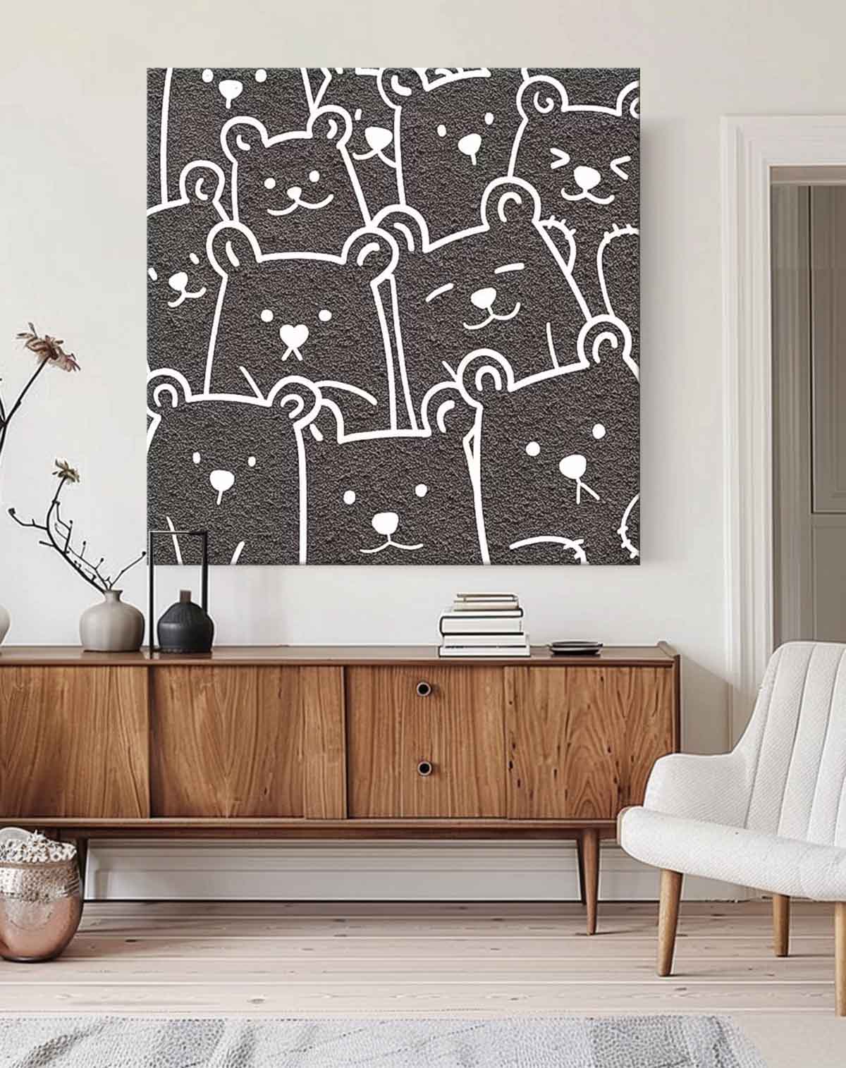 Charming Bear Faces Minimalist Oil Painting for Playful Home Decor