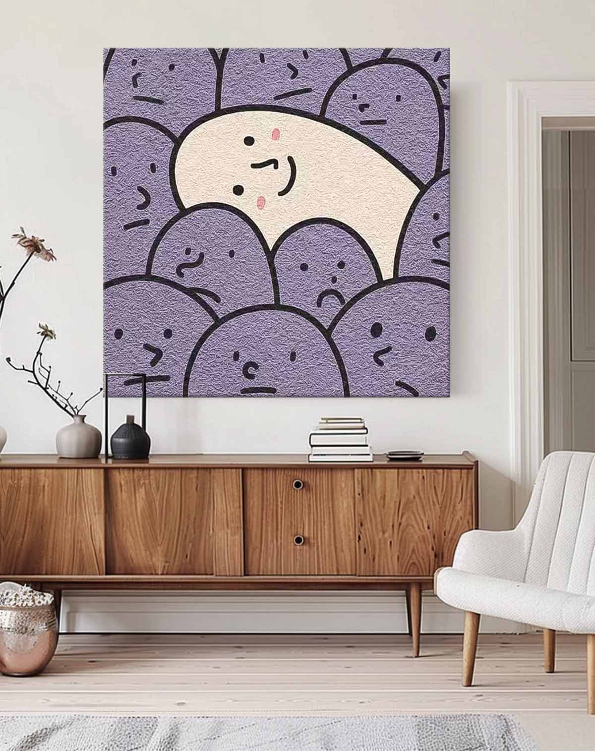 Charming Minimalist Oil Painting of Smiling Character Among Purple Faces