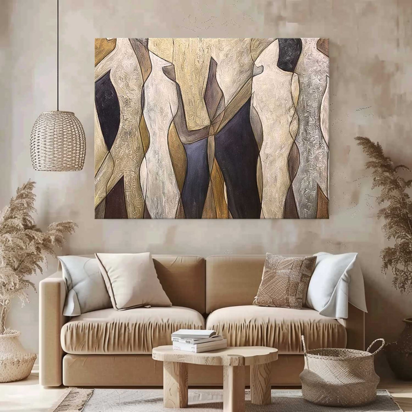 Contemporary Abstract Oil Painting of Figures in Earthy Tones for Modern Decor