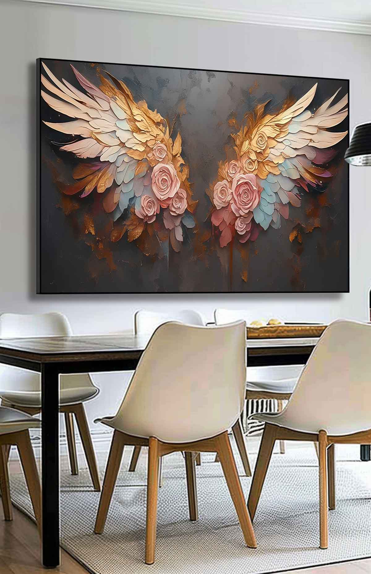 Elegant Floral Wings Oil Painting - Vibrant Pink Roses on Dark Canvas