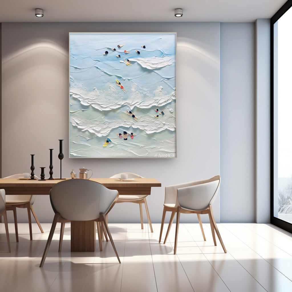 Vibrant Beach Scene Oil Painting with Swimmers and Ocean Waves