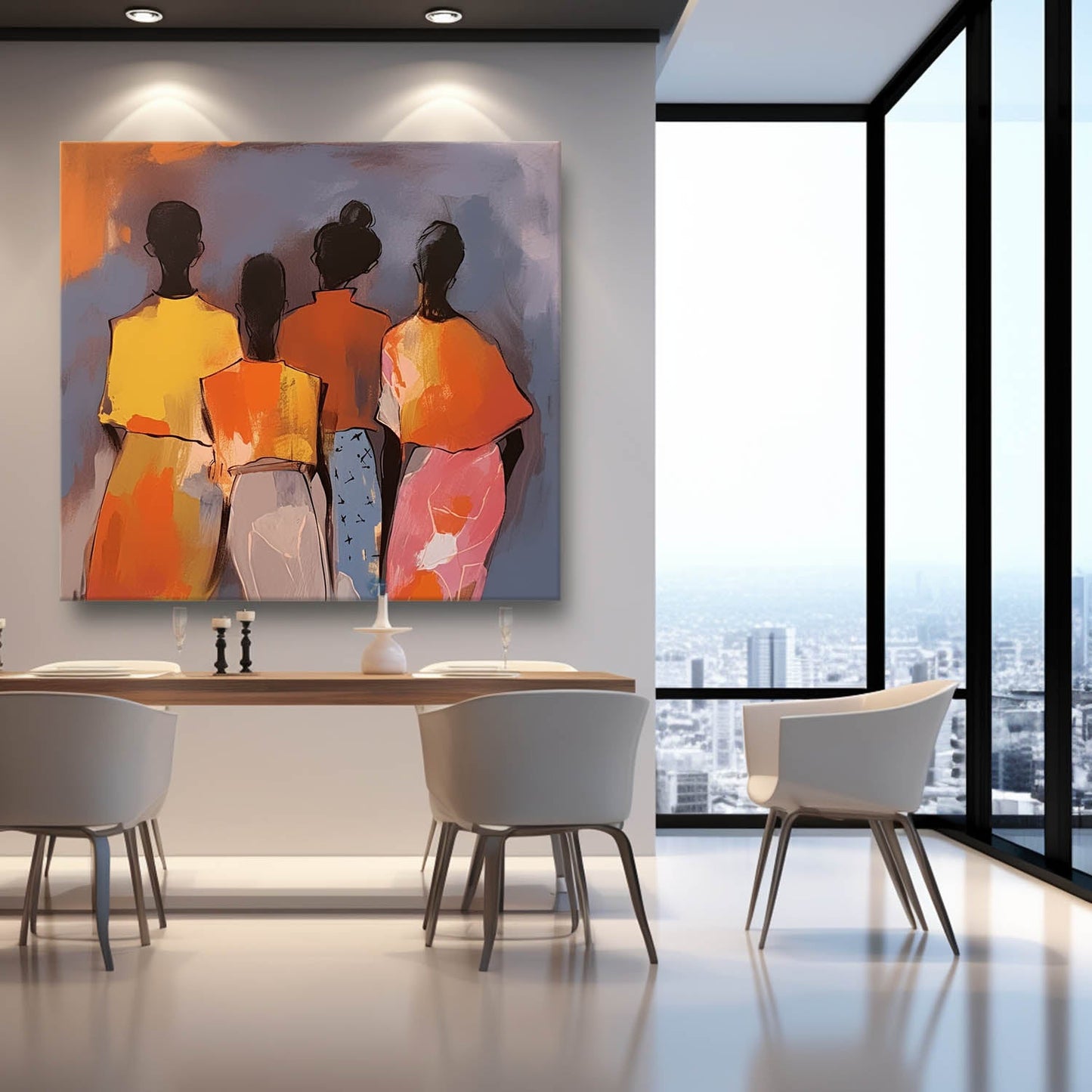 Colorful Abstract Oil Painting of Four Figures on Canvas