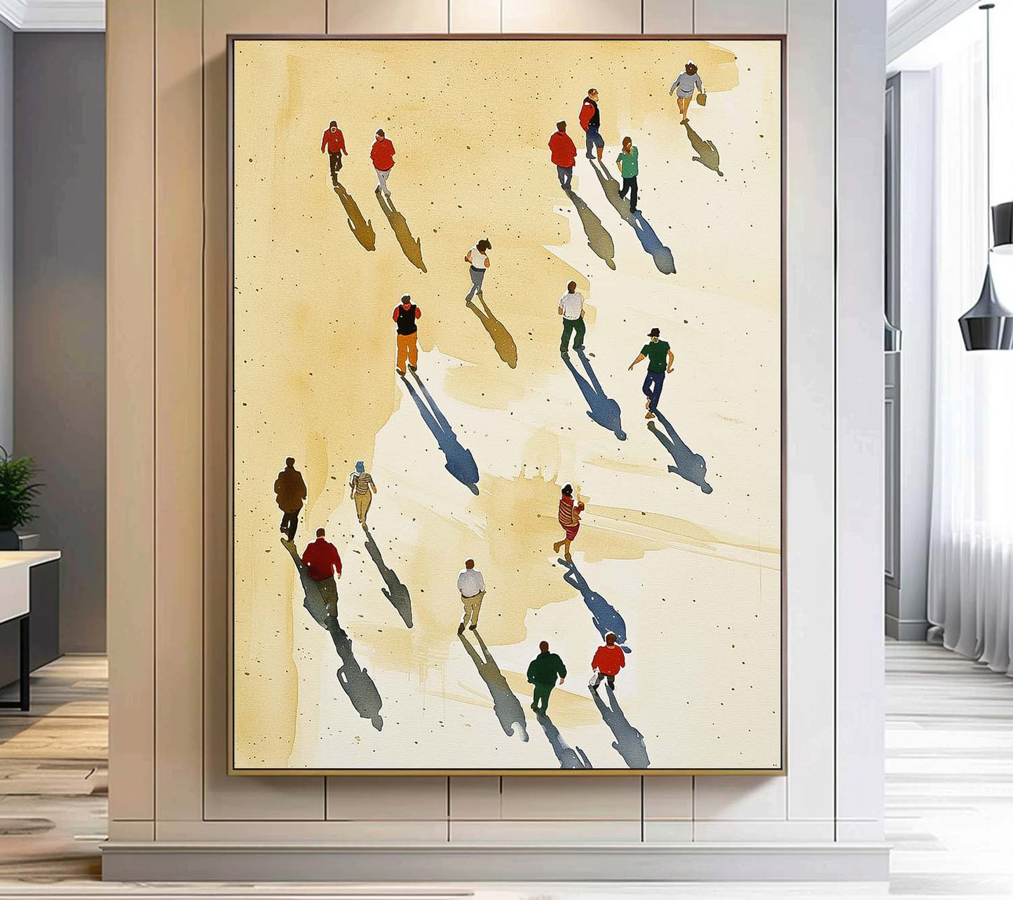 Vibrant Beach Scene Oil Painting with Shadows and People Walking by the Ocean