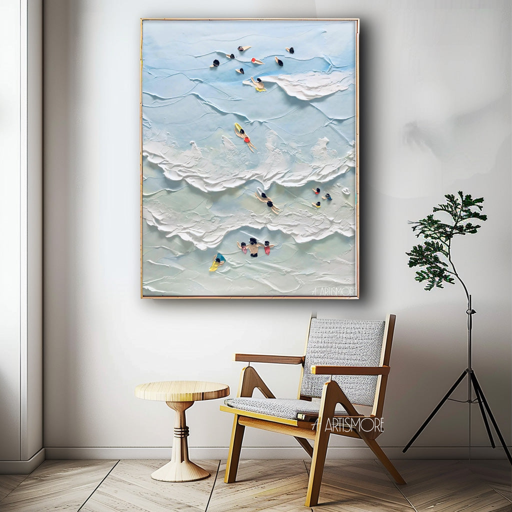 Vibrant Beach Scene Oil Painting with Swimmers and Ocean Waves
