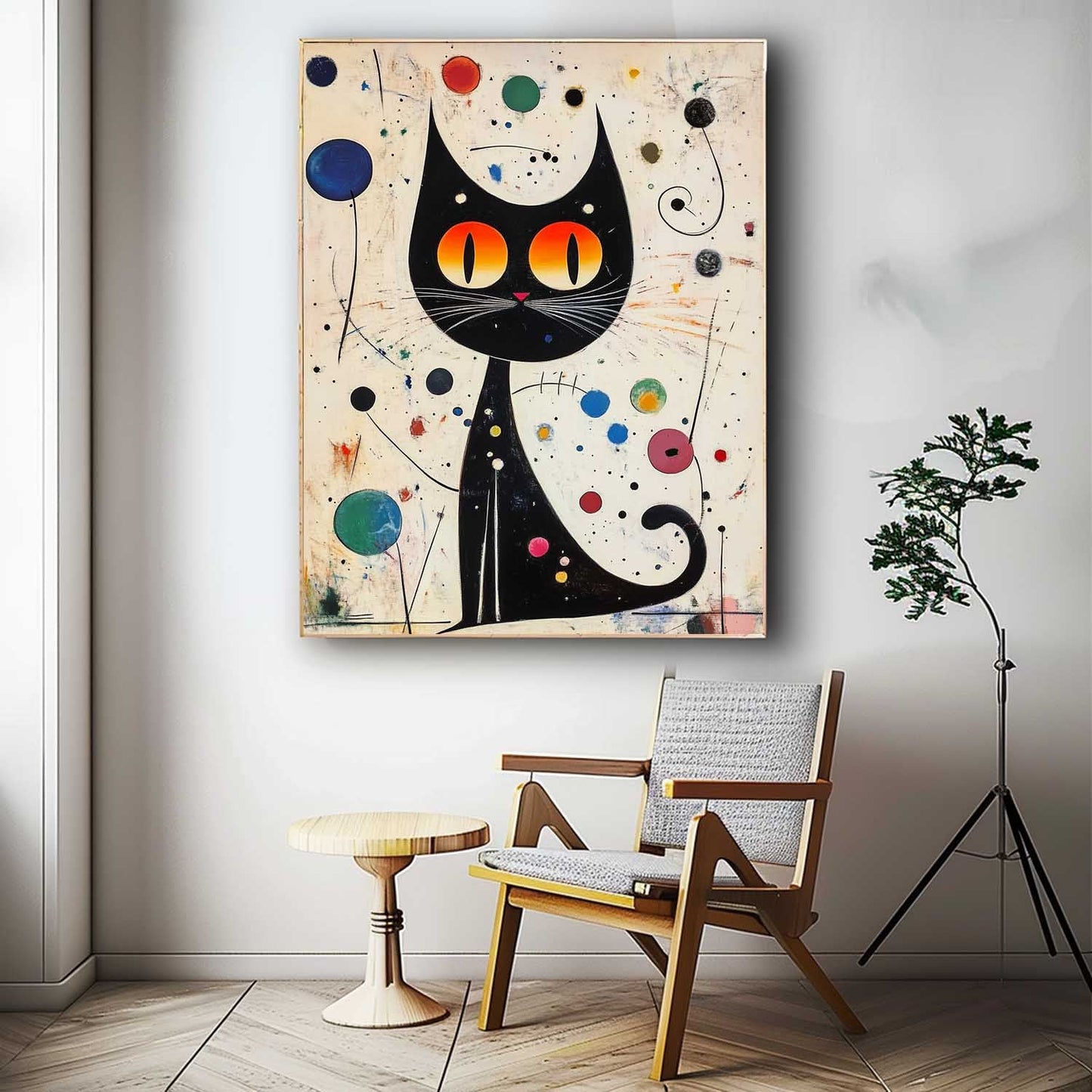Whimsical Black Cat Oil Painting with Vibrant Colors and Abstract Elements