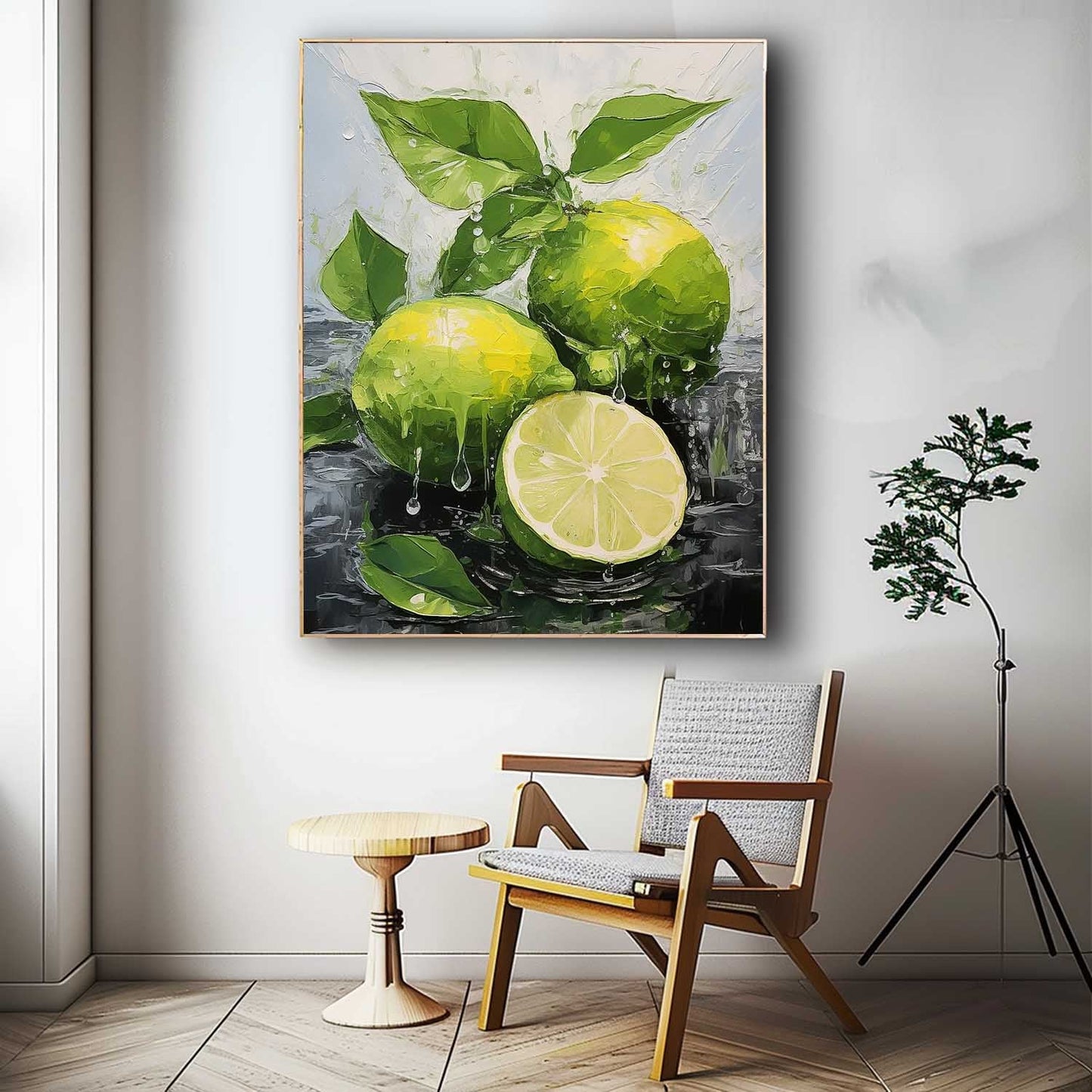 Vibrant Lemon Still Life Oil Painting with Fresh Leaves and Water Drops