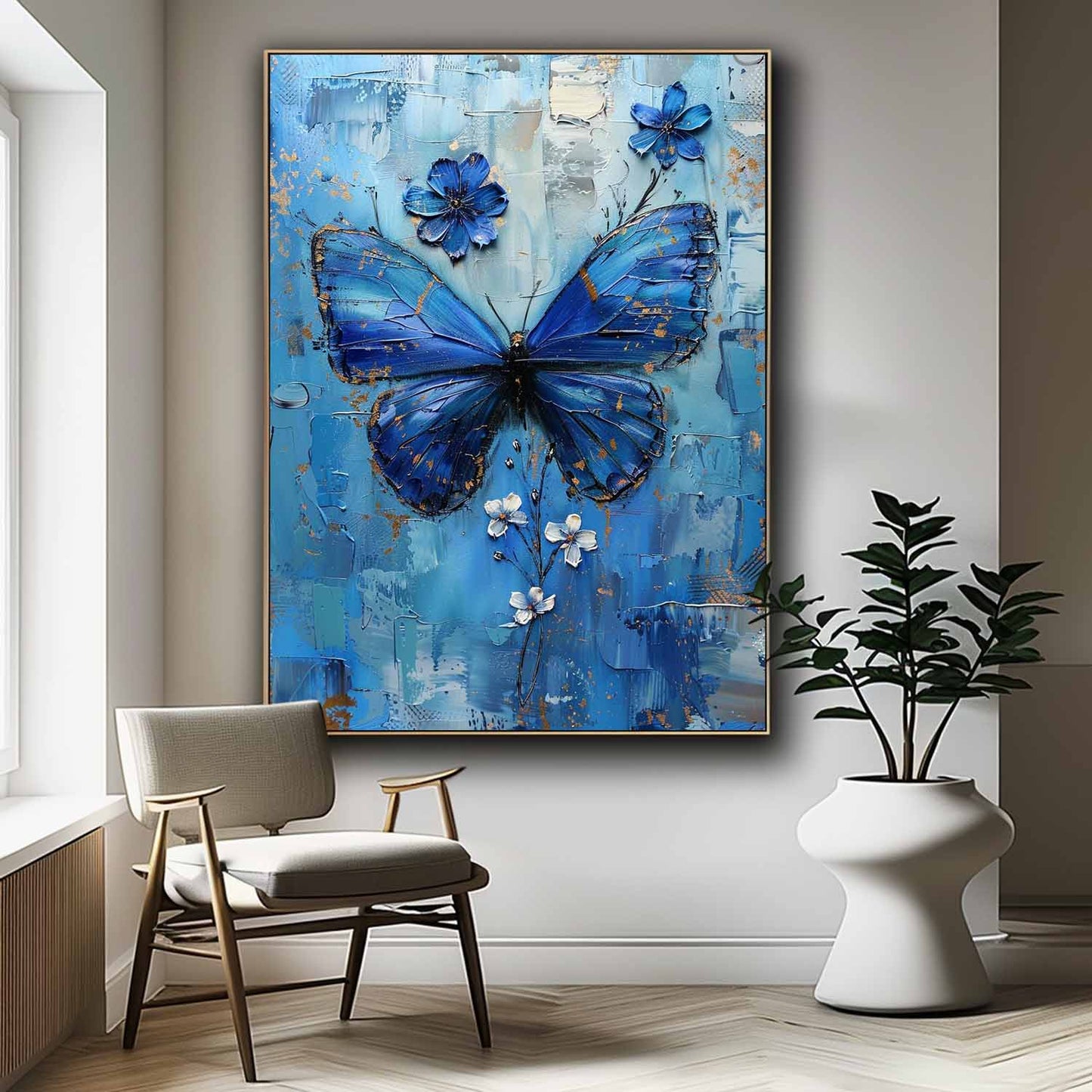 Beautiful Blue Butterfly Oil Painting with Floral Accents for Elegant Home Decor