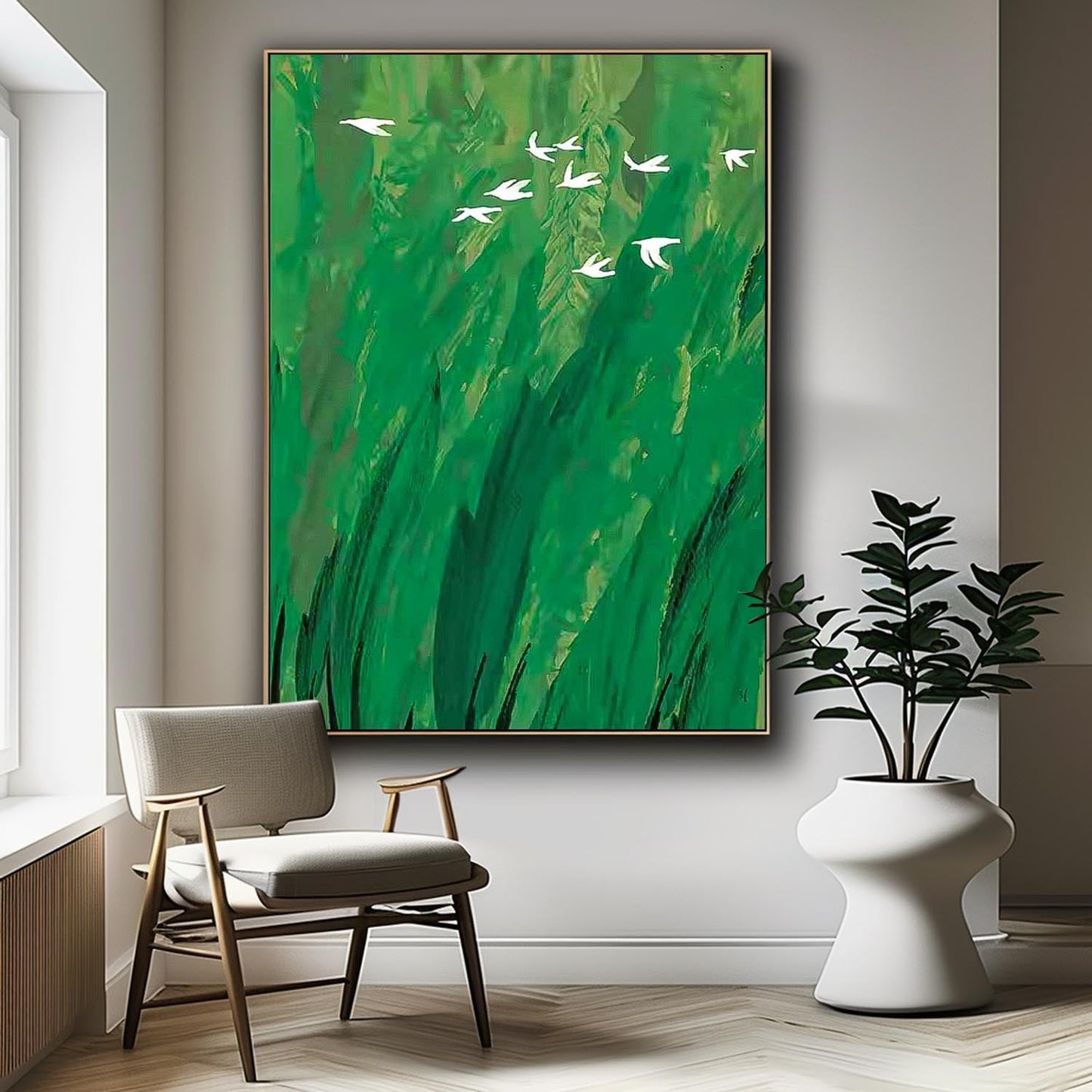 Serene Green Minimalist Oil Painting with White Birds in Flight