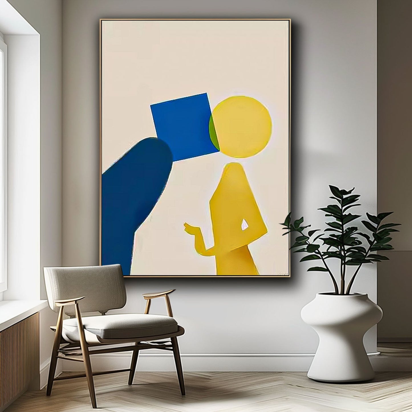 Modern Minimalist Oil Painting with Abstract Figures and Bold Colors