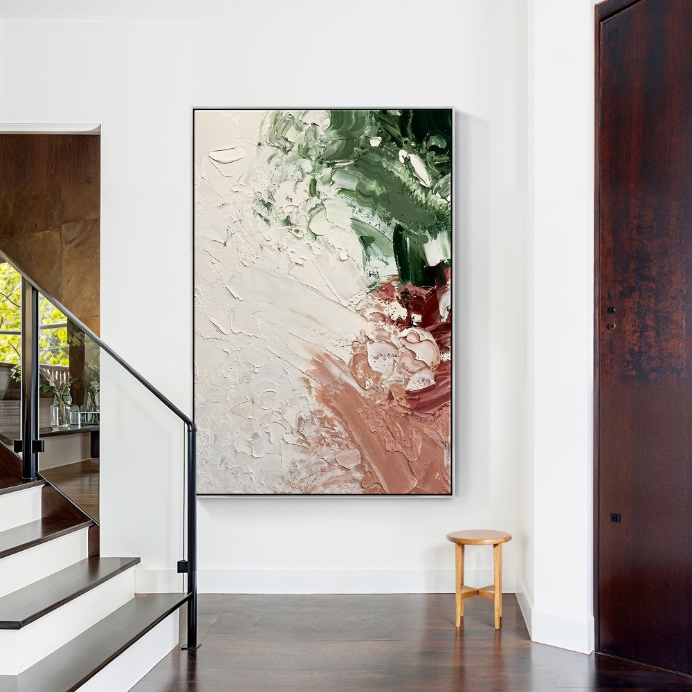 Abstract Green and Pink Oil Painting for Modern Home Decor