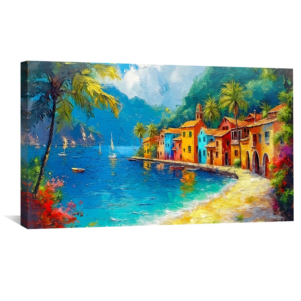 Colorful Coastal Village Oil Painting - Vibrant Seascape Art for Home Decor