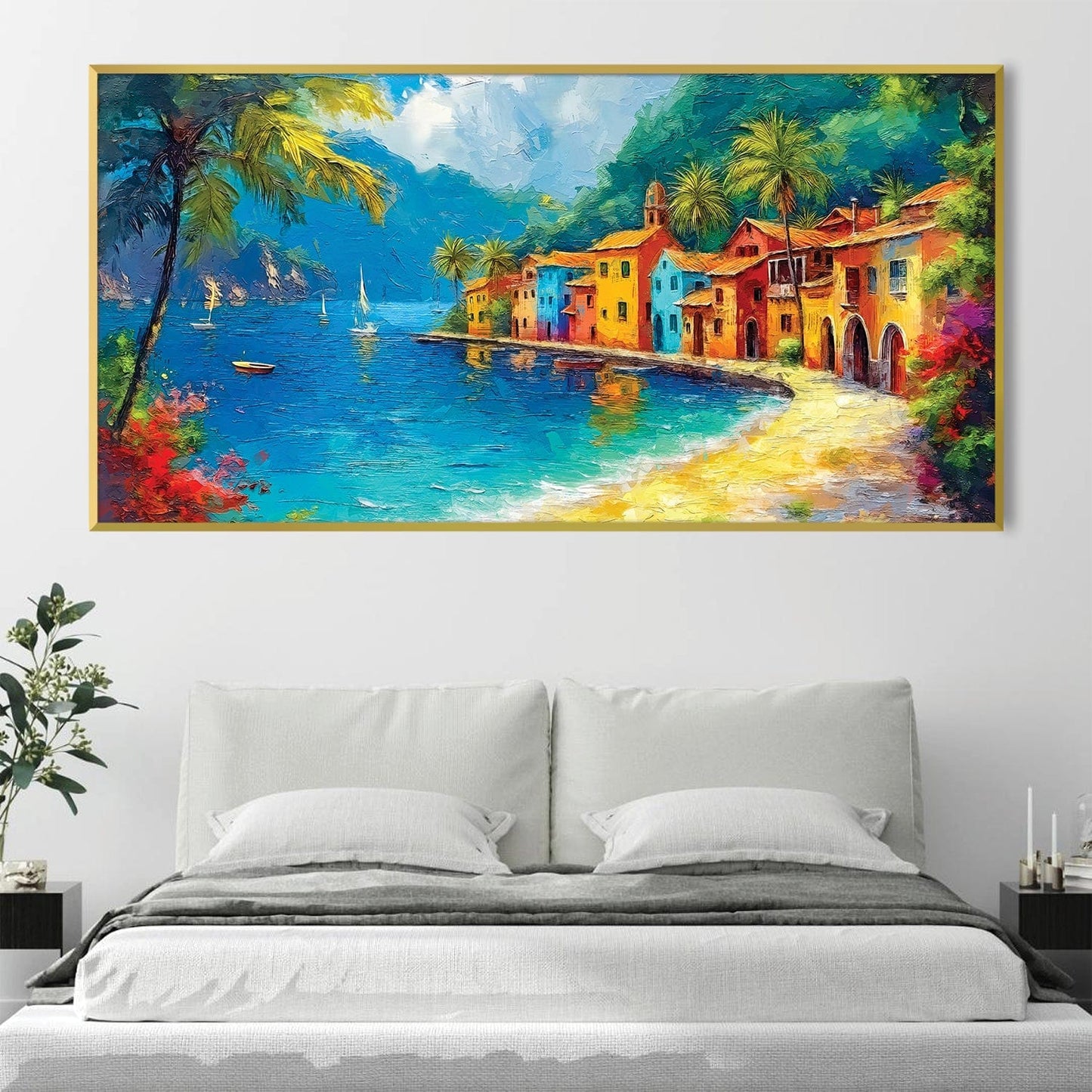 Colorful Coastal Village Oil Painting - Vibrant Seascape Art for Home Decor