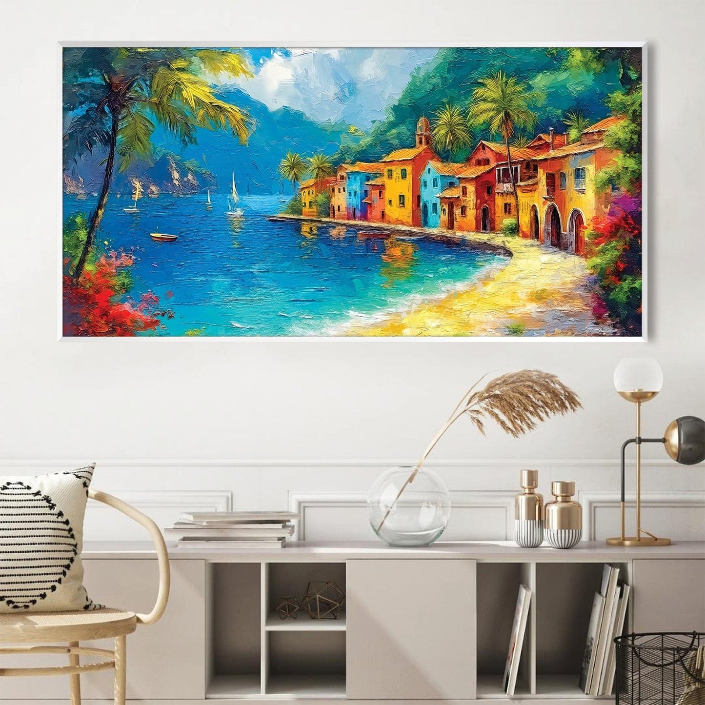 Colorful Coastal Village Oil Painting - Vibrant Seascape Art for Home Decor