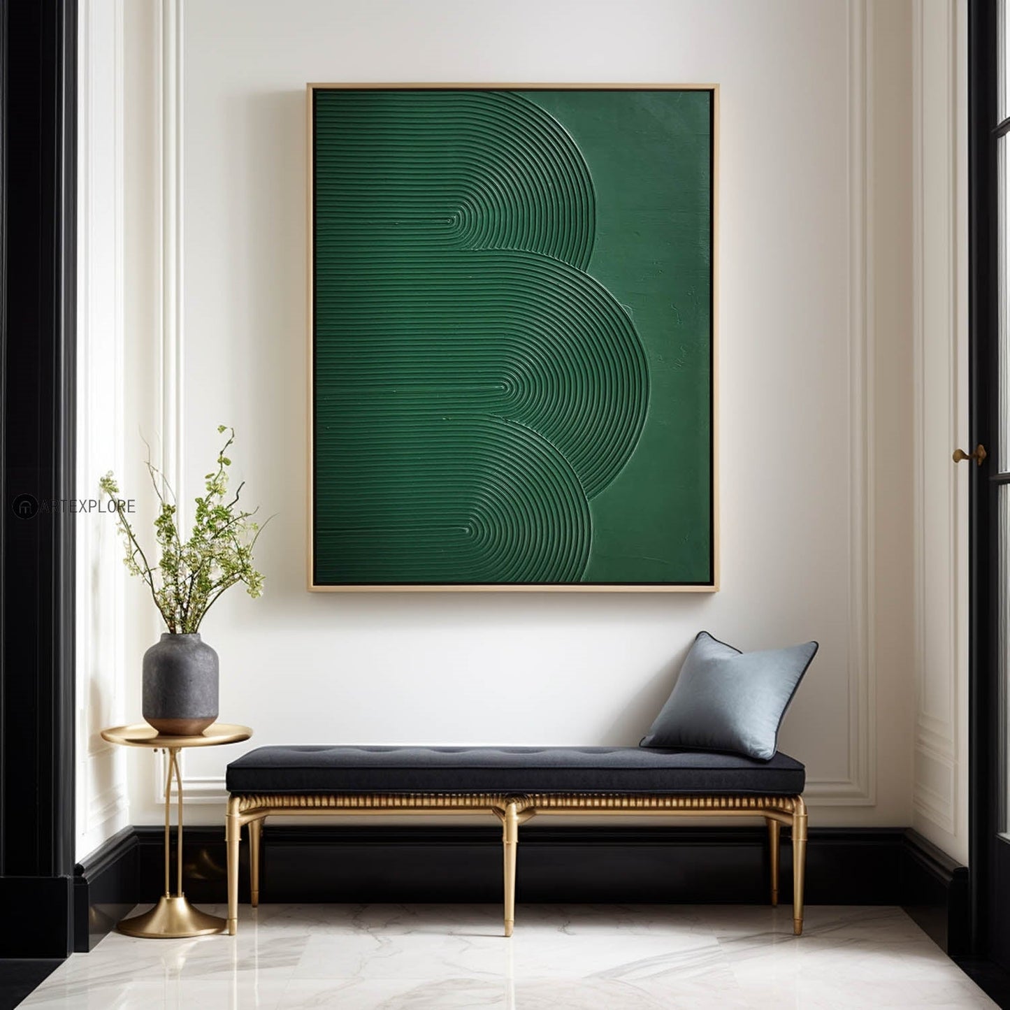 Lush Green Minimalist Oil Painting with Abstract Line Design for Modern Decor