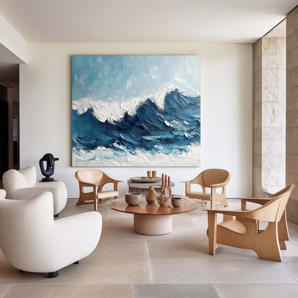 Dynamic Ocean Waves Oil Painting – Serene Beach Scene Wall Art