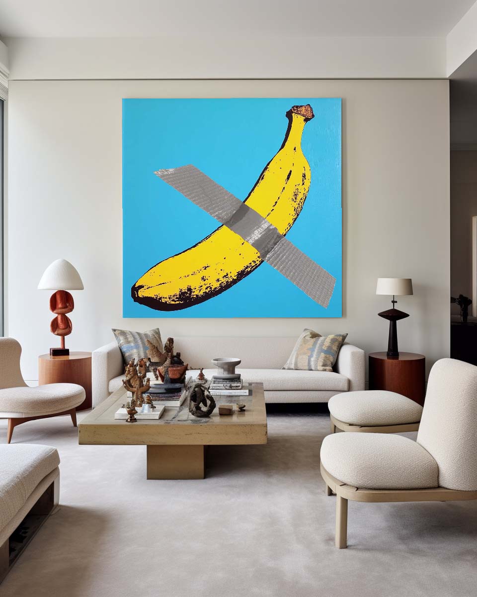 Colorful Banana Abstract Artwork with Tape on Vibrant Blue Canvas