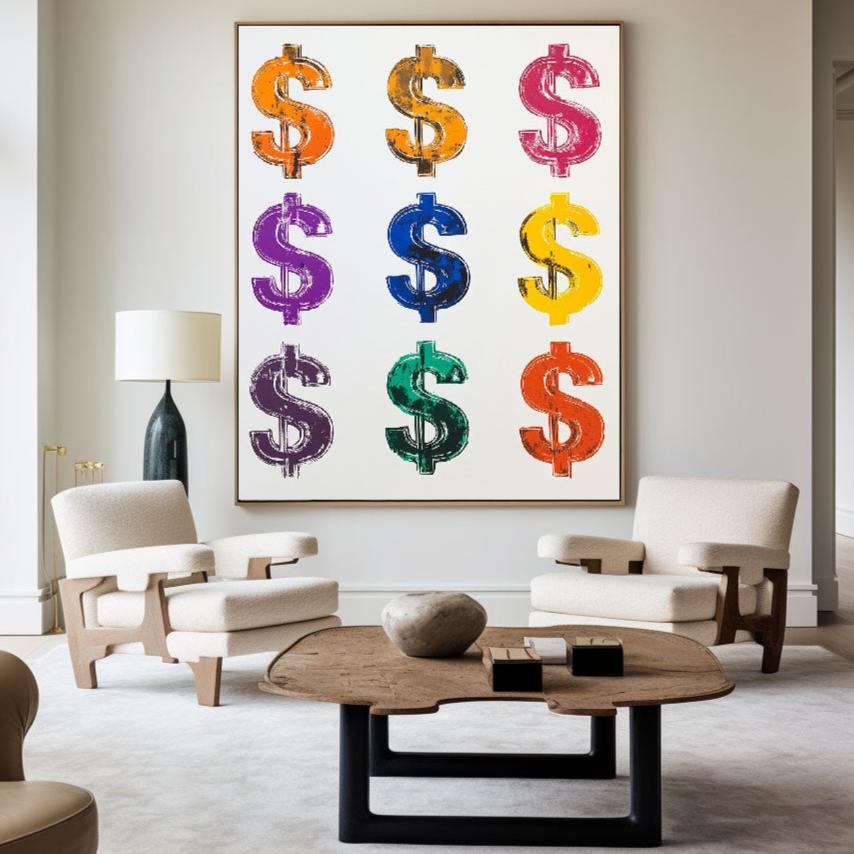 Colorful Dollar Sign Abstract Oil Painting for Modern Home Decor