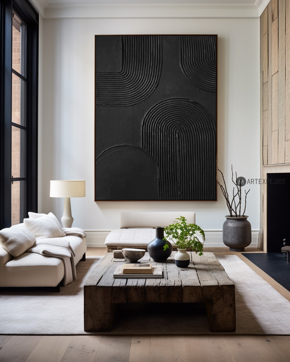 Contemporary Black Abstract Oil Painting with Textured Lines and Minimalist Elegance