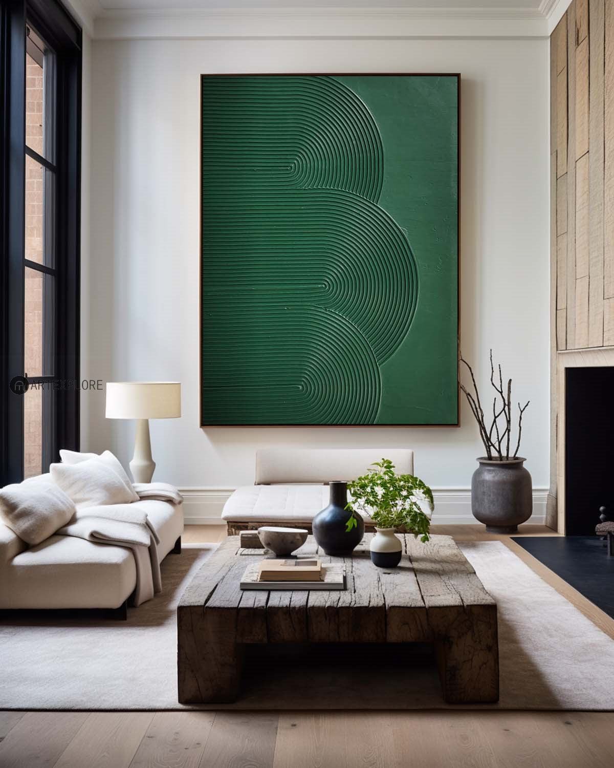 Lush Green Minimalist Oil Painting with Abstract Line Design for Modern Decor