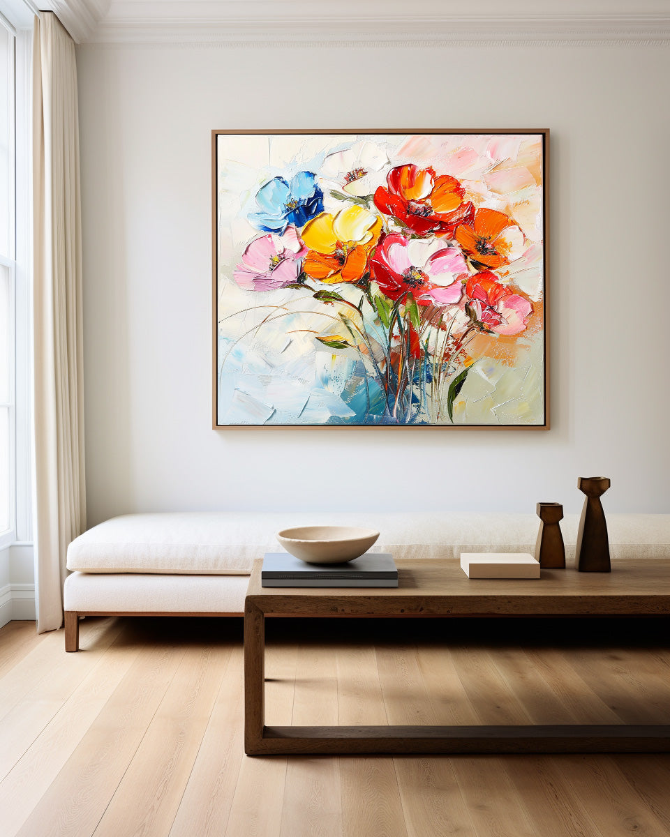 Vibrant Floral Abstract Oil Painting - Colorful Flower Bouquet on Canvas Art