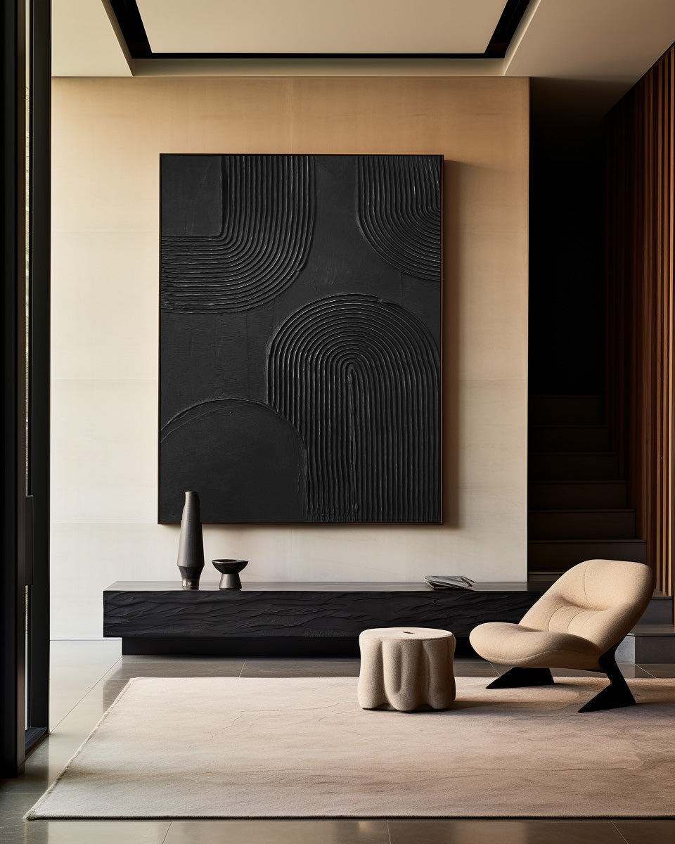 Contemporary Black Abstract Oil Painting with Textured Lines and Minimalist Elegance
