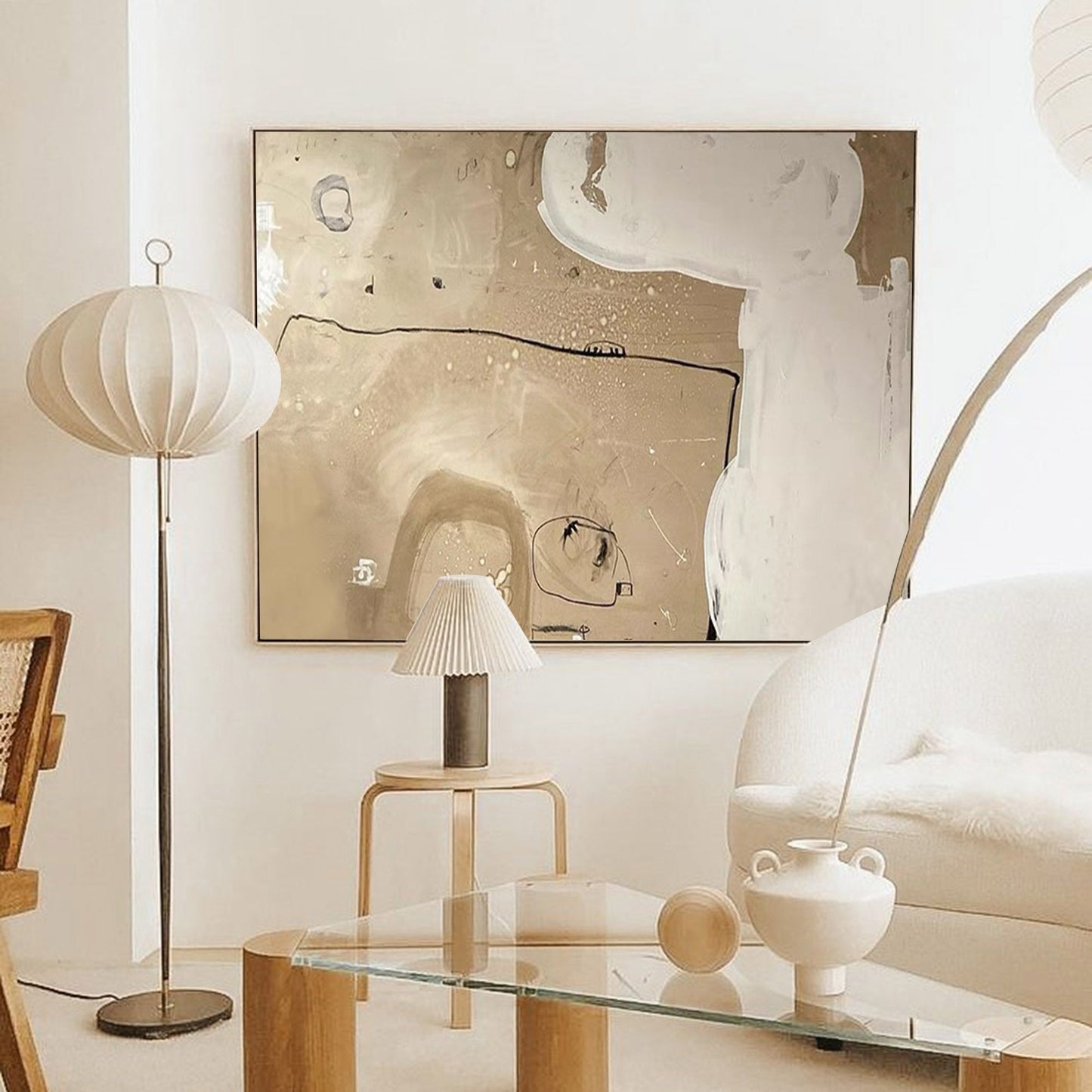 Contemporary Beige Abstract Oil Painting for Modern Home Décor