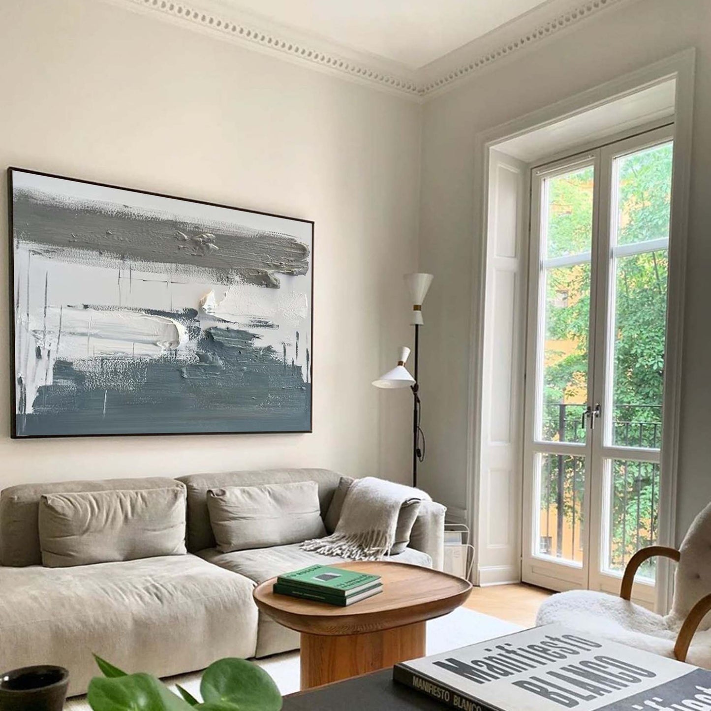 Contemporary Gray and White Abstract Oil Painting for Modern Home Decor