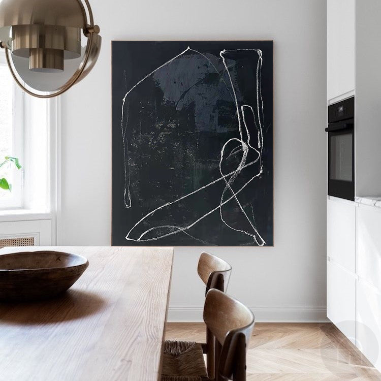 Chic Black Abstract Oil Painting with Elegant White Lines for Modern Decor