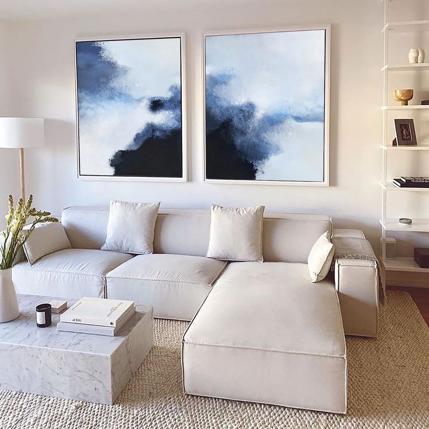 Blue and White Abstract Landscape Oil Painting for Modern Home Decor
