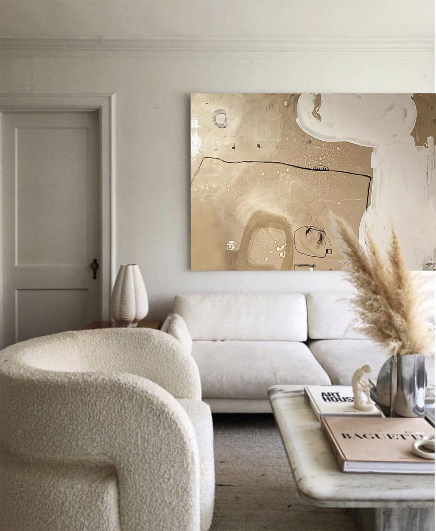 Contemporary Beige Abstract Oil Painting for Modern Home Décor