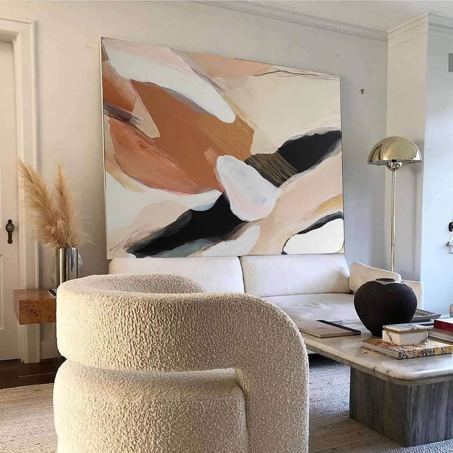 Contemporary Abstract Oil Painting in Soft Earth Tones for Modern Home Decor