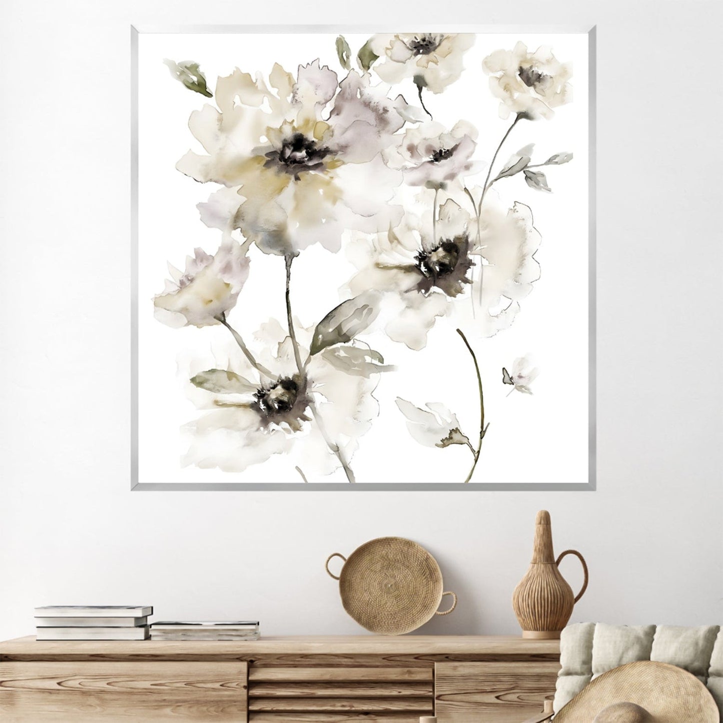 Elegant Floral Oil Painting for Wall Décor – Soft White and Neutral Tones