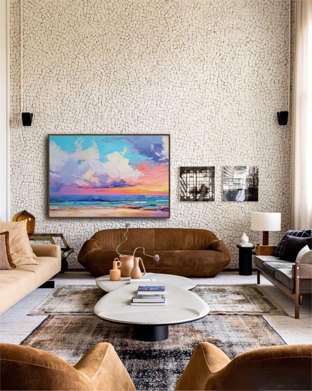Vibrant Coastal Sunset Oil Painting for Home Decor