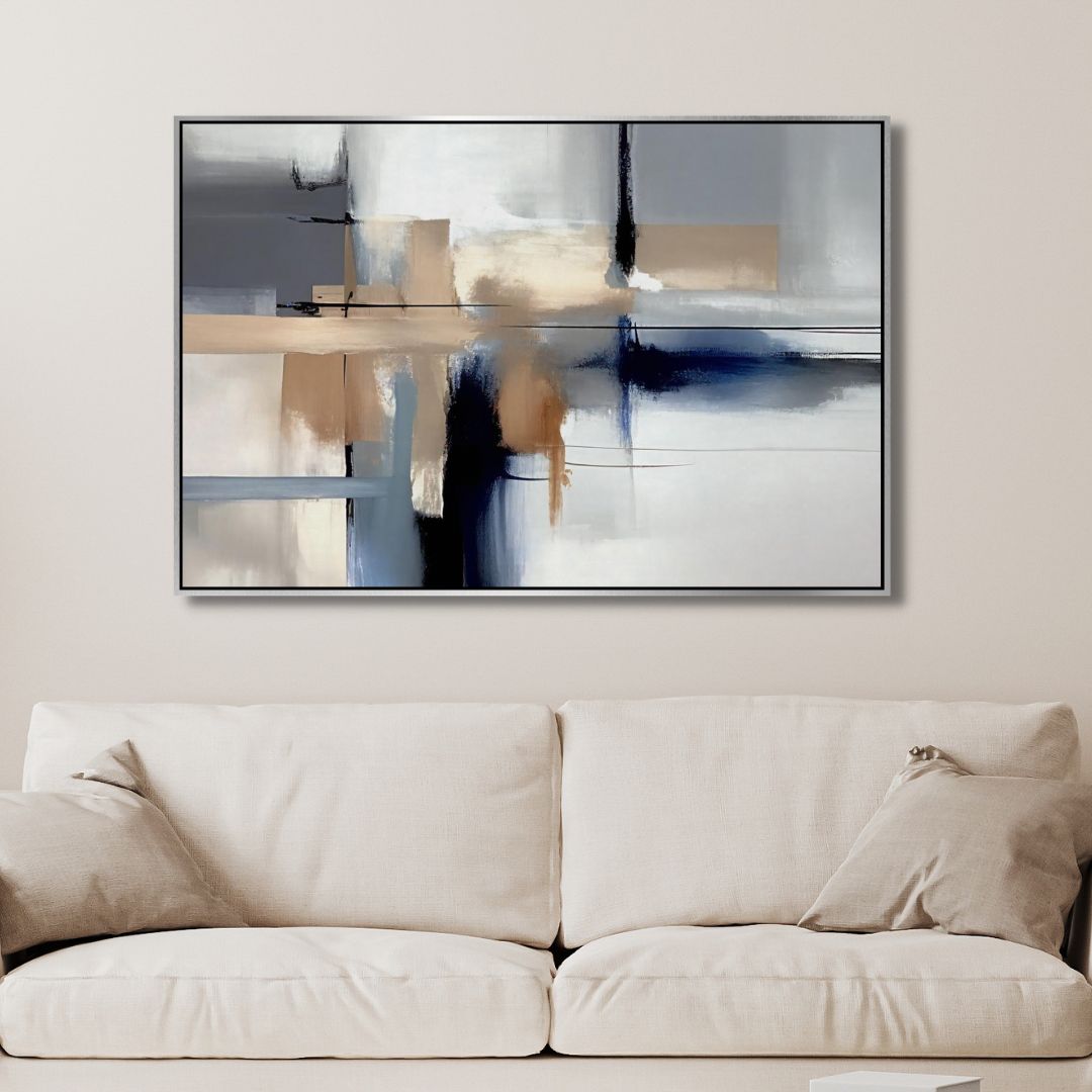 Minimalist Blue and Beige Abstract Oil Painting for Contemporary Home Decor