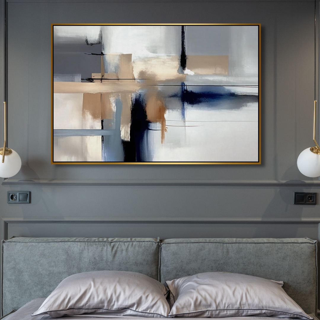 Minimalist Blue and Beige Abstract Oil Painting for Contemporary Home Decor