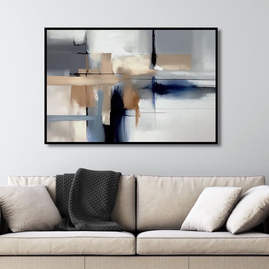 Minimalist Blue and Beige Abstract Oil Painting for Contemporary Home Decor