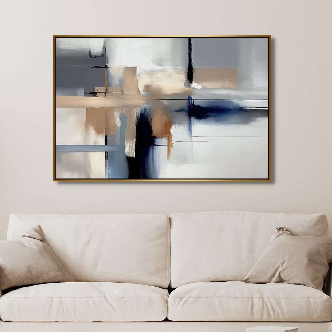 Minimalist Blue and Beige Abstract Oil Painting for Contemporary Home Decor