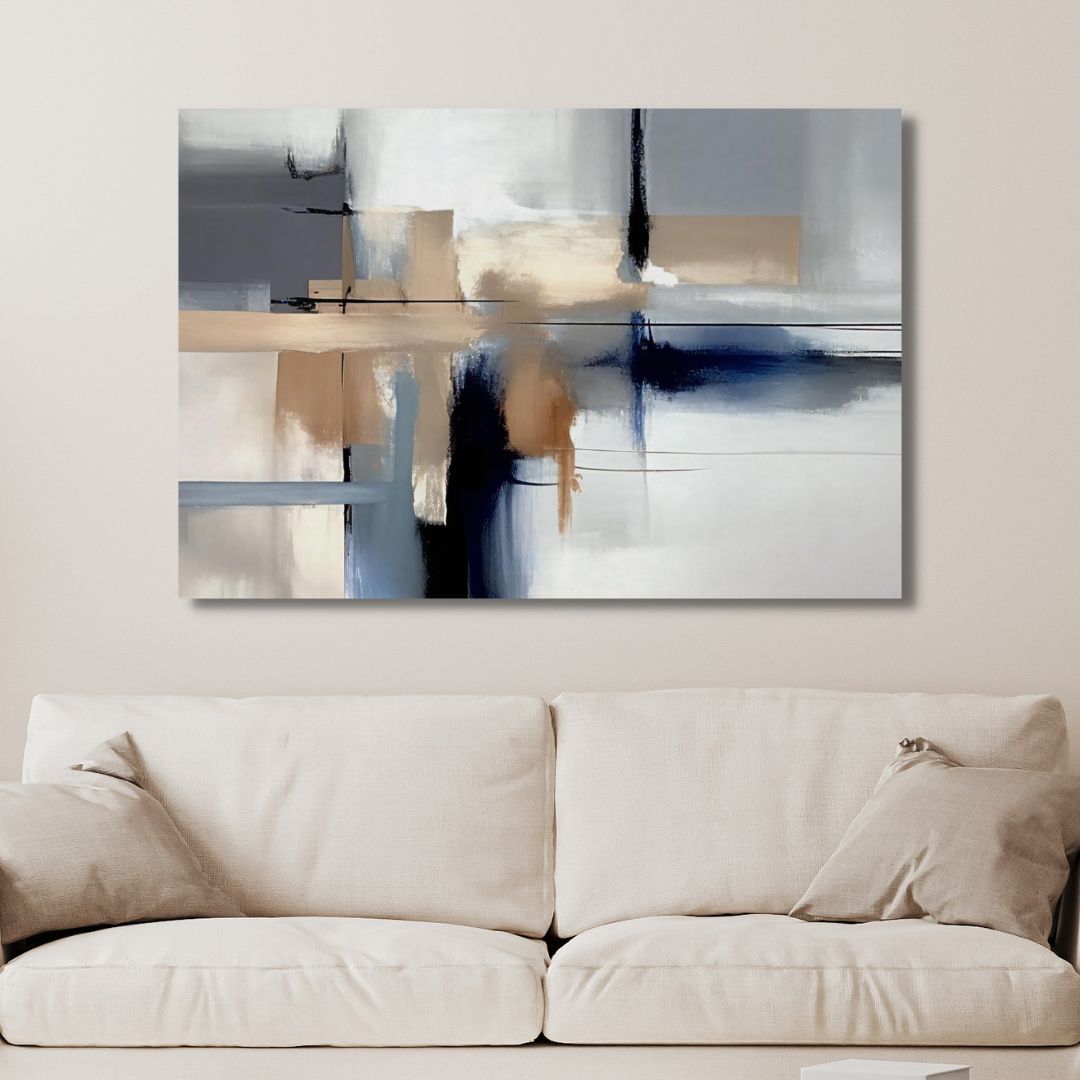 Minimalist Blue and Beige Abstract Oil Painting for Contemporary Home Decor