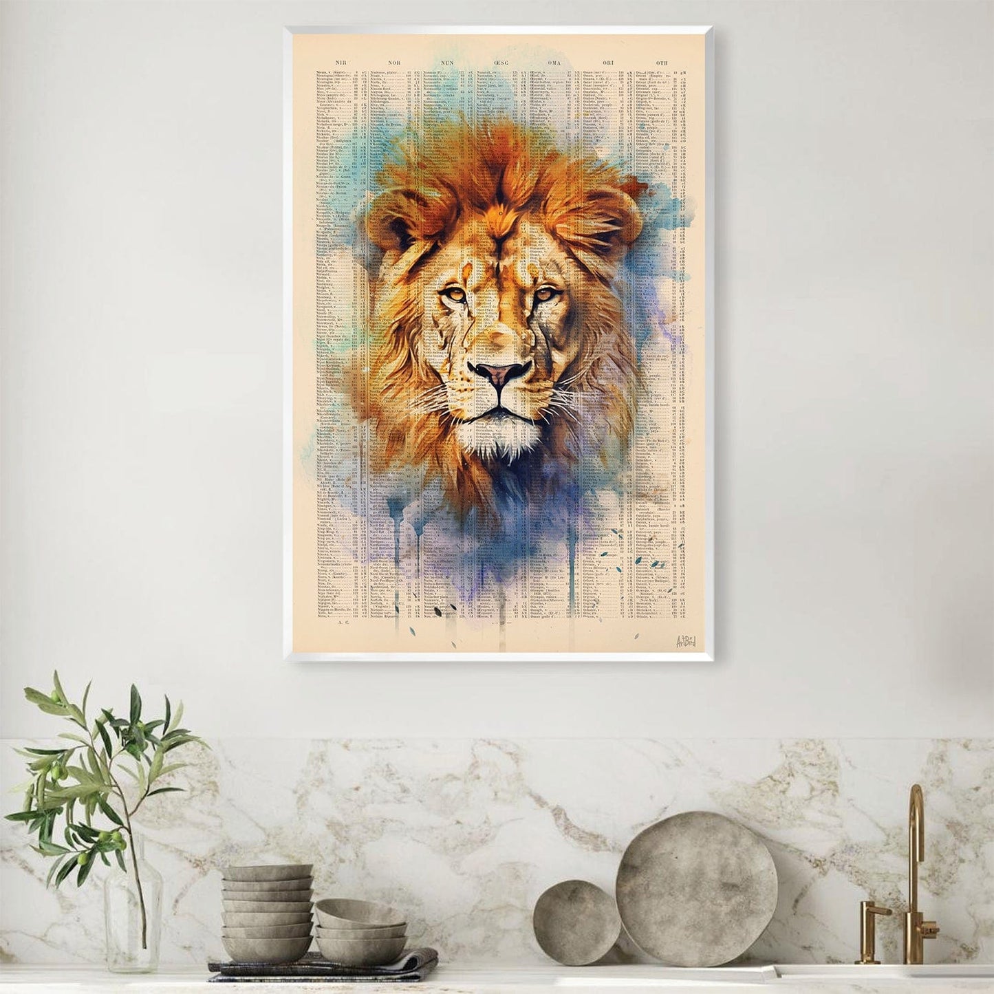 Majestic Lion Portrait Oil Painting with Abstract Watercolor Background