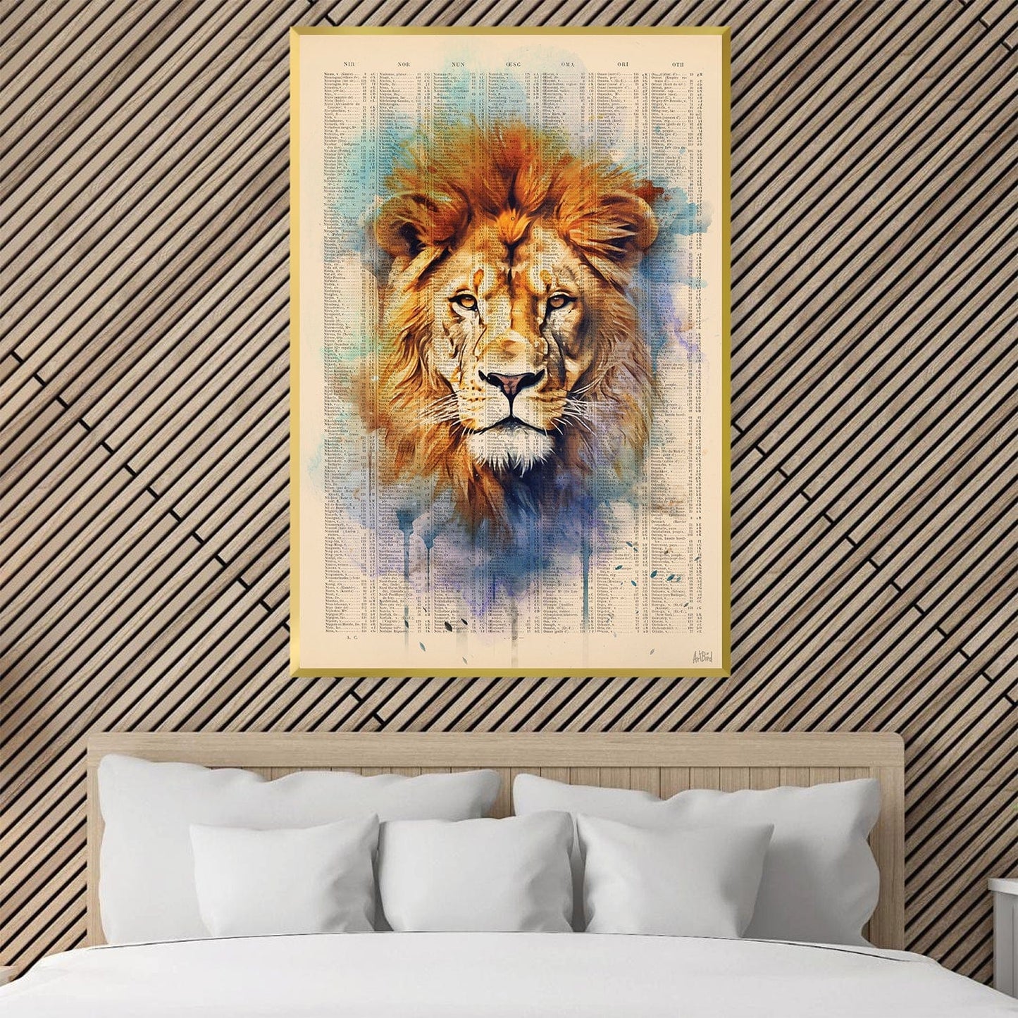 Majestic Lion Portrait Oil Painting with Abstract Watercolor Background