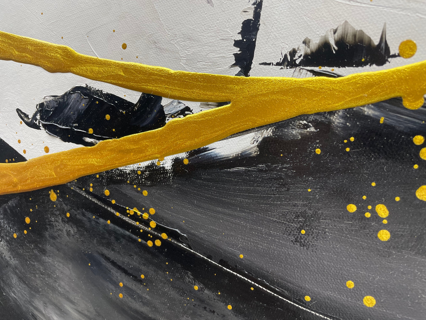 Elegant Abstract Oil Painting of Ocean Waves in Black, White, and Gold Accents