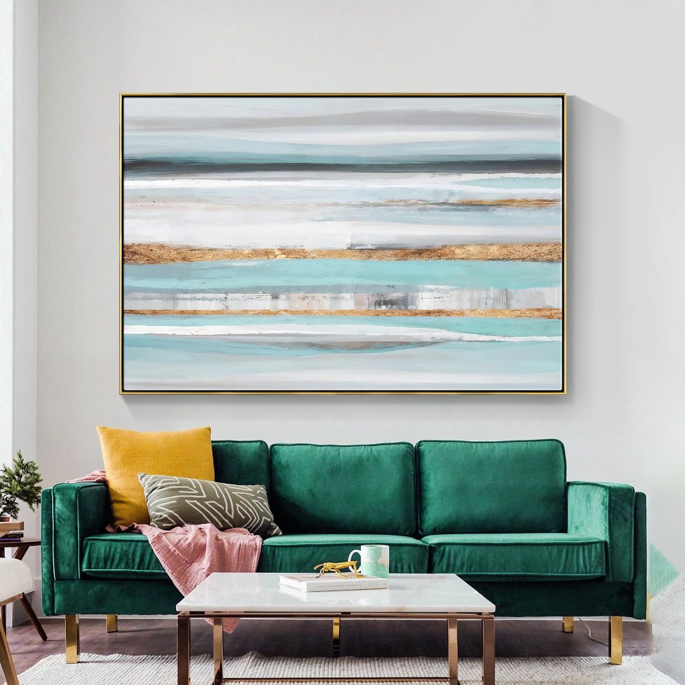 Serene Coastal Waves: Abstract Blue and Gold Oil Painting for Elegant Home Decor